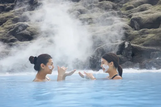 two guests floating in a hotspring