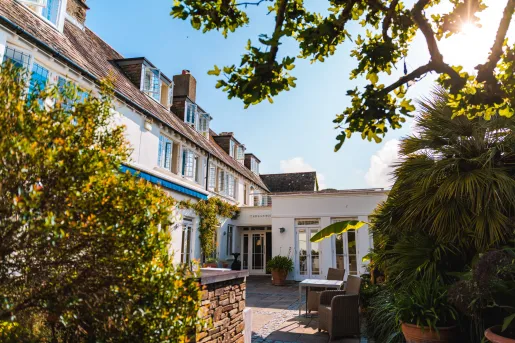 Outdoor patio of a hotel building surrounded by tall green plants