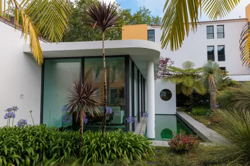 Building with large, glass walls with plants and palm trees outside