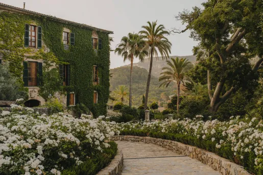 Stone path leading to a building covered by flowers and moss