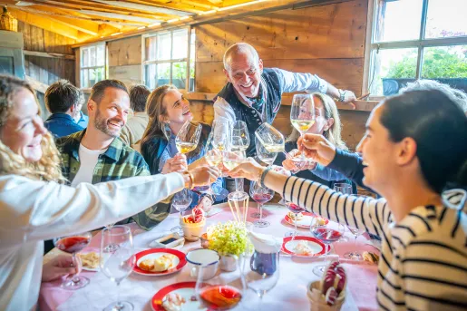 Group of people around a circular table, raising their wine glasses for a toast while smiling
