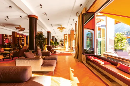 Library with couches and large open windows