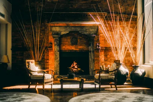 Indoor foyers with potted plants and two chairs in front of a fireplace