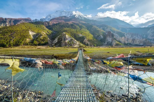 Metal bridge with color flags along the ropes