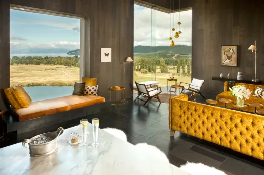 yellow sofas and large windows in a living room