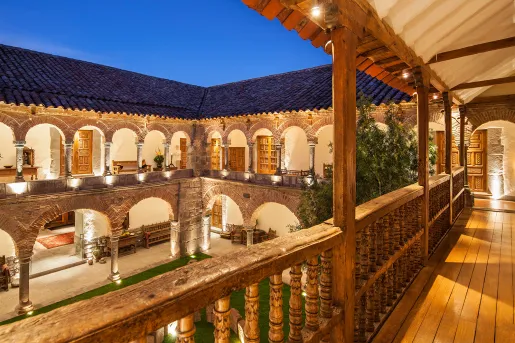 hotel courtyard lit up at night