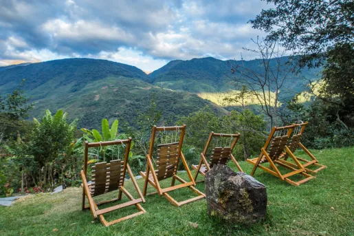 % wooden reclining chairs on a hill, looking out to grassy, tree-covered hills