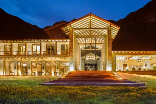 large hotel lit up at night