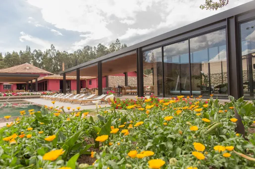 lounge chairs by the pool surrounded by flower beds