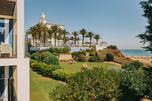 manicured gardens on the shore of a beach