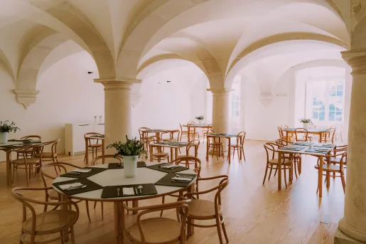 hotel dining room with big arched cielings