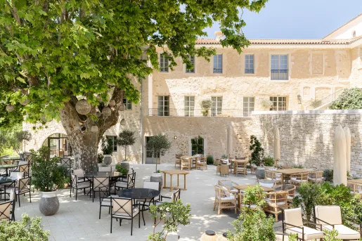 outdoor seating in hotel courtyard