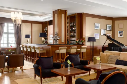 sleek hotel bar with seating