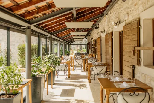patio with dining furniture and view