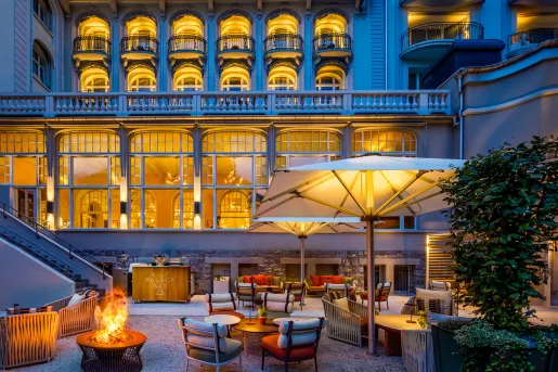 hotel and terrace lit up at night