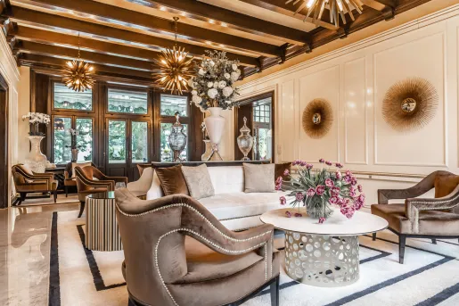 living room with spikey chandeliers