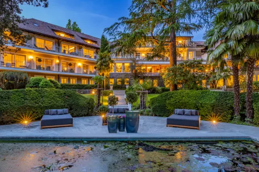 exterior of hotel lit at night