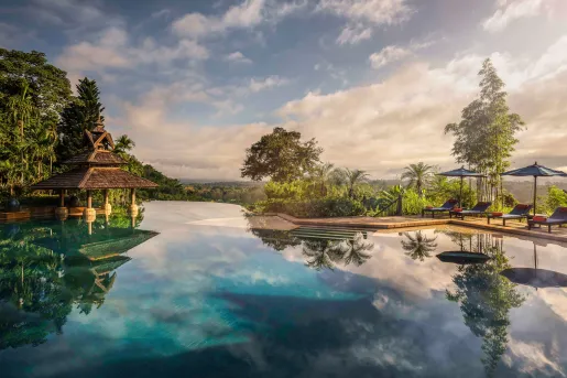 large infinity pool and greenspace
