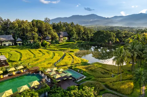 aerial view of hotel grounds with pool