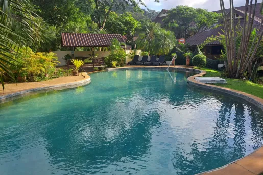 Outdoor pool surrounded by tall plants and trees and a hotel building in the background