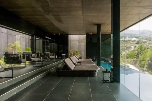 lounge chairs overlooking a pool