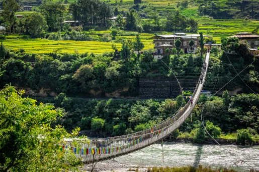 Group of hikers walking on a long, wooden bridge that is covered in colorful flags