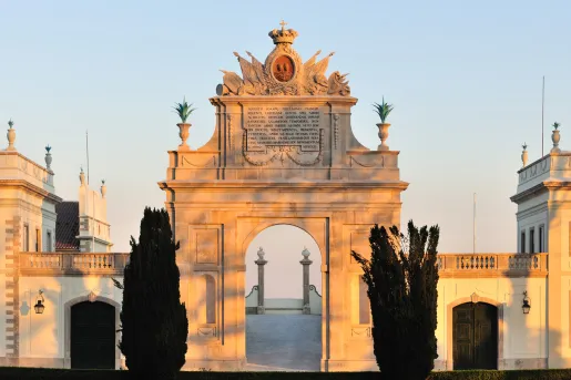 Stone archway with two large bushes in front, with a view of the sunset sky