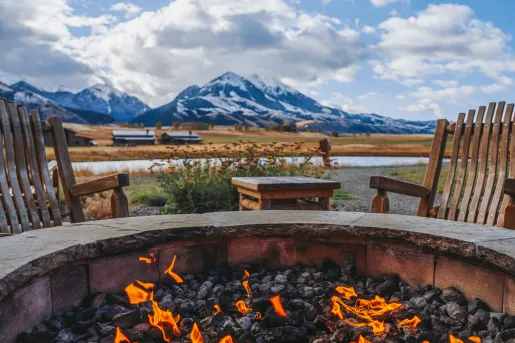 fire pit with a view of the mountains