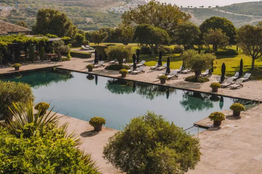 Large, outdoor pool surrounded by trimmed bussed and trees