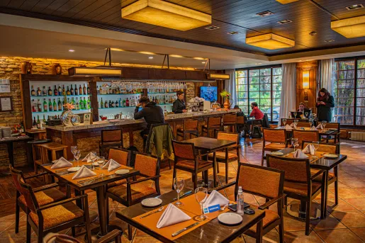 Bar and lounge with wooden tables and cushioned chairs, with people sitting by the bar counter