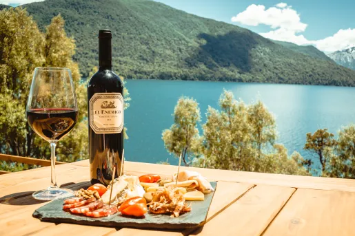 Rock slab with meats and cheeses with a bottle of wine to the left