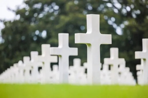 Rows of white memorial crosses on a field of grass