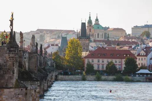 Large river and a stone bridge leading to a small town