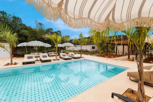 Outdoor pool surrounded by reclining chairs and umbrellas, with tall trees in the background