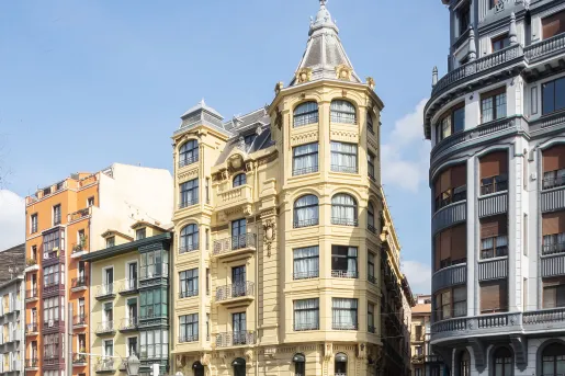 Exterior view of European-style buildings with the blue sky