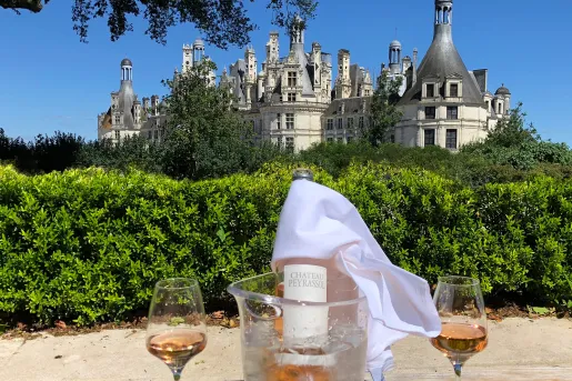 Bottle of wine in an ice bucket, with a castle-like building in the background
