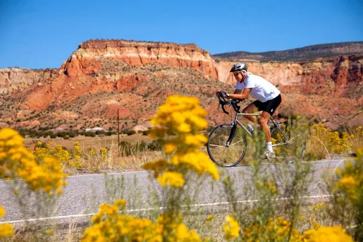 Man riding a bike on a road with orange canyons in the background