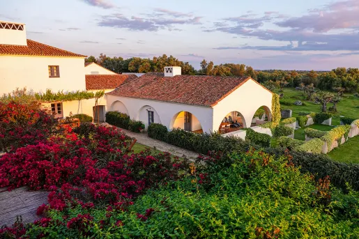 Exterior view of white and brown building with a garden in the center