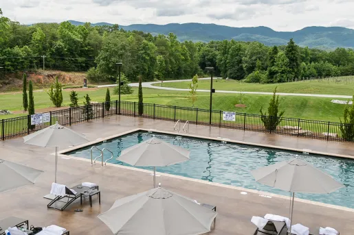 Pool surrounded by grassy area