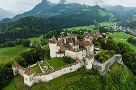 Castle-like building in a large valley, with a forest in the background