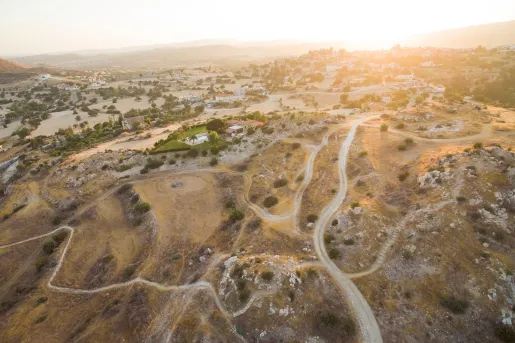 Sky view of hike trails on a dried hill