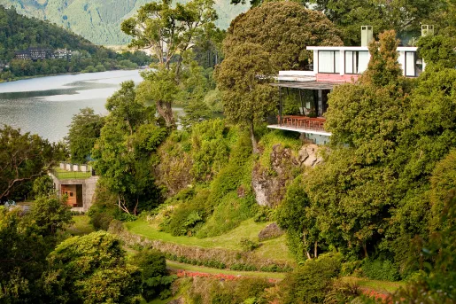Building on top of a cliff, surrounded by plants and tall trees