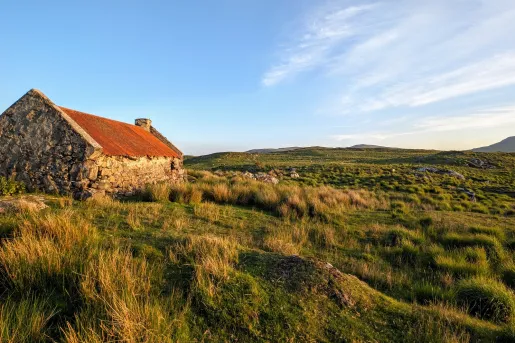 Stone building with a red roof in the middle of a grassy and weed field
