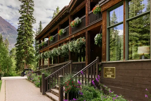 Exterior view of cabin lodge building, with hanging plants and tall trees