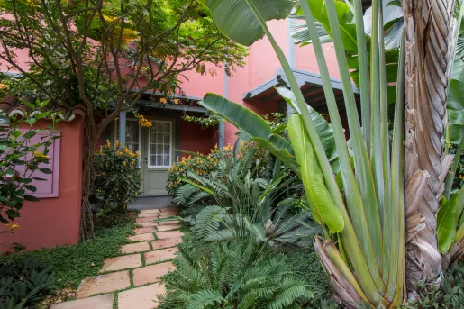 Exterior view of pink house with large plants in front