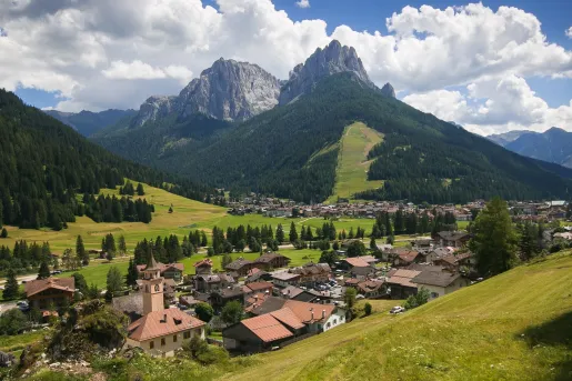 Valley of grass with tall mountains and brown houses on the ground level