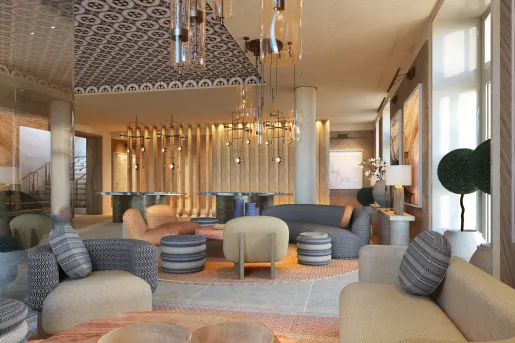 Lounge with circular, cushioned sofas and artistic light fixtures