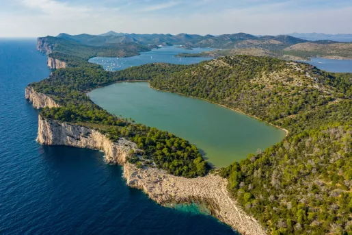 Large forest with a lake in the center, with the ocean to the left of the cliff