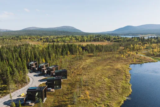 Sky view of a grassy valley with large, black cottages along a river