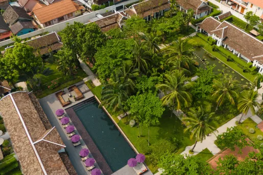 Sky view of outdoor pool and garden surrounded by tall trees